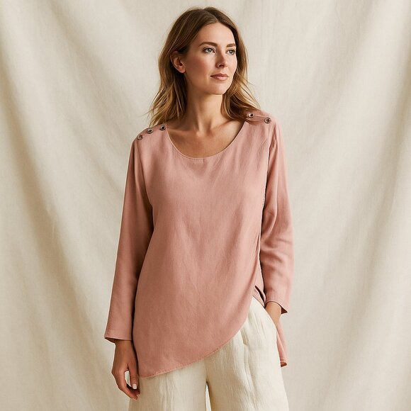 PRIMNESS 100% Silk Asymmetrical Button Blouse M/L Blush Pink Minimalist Chic - Picture 1 of 5